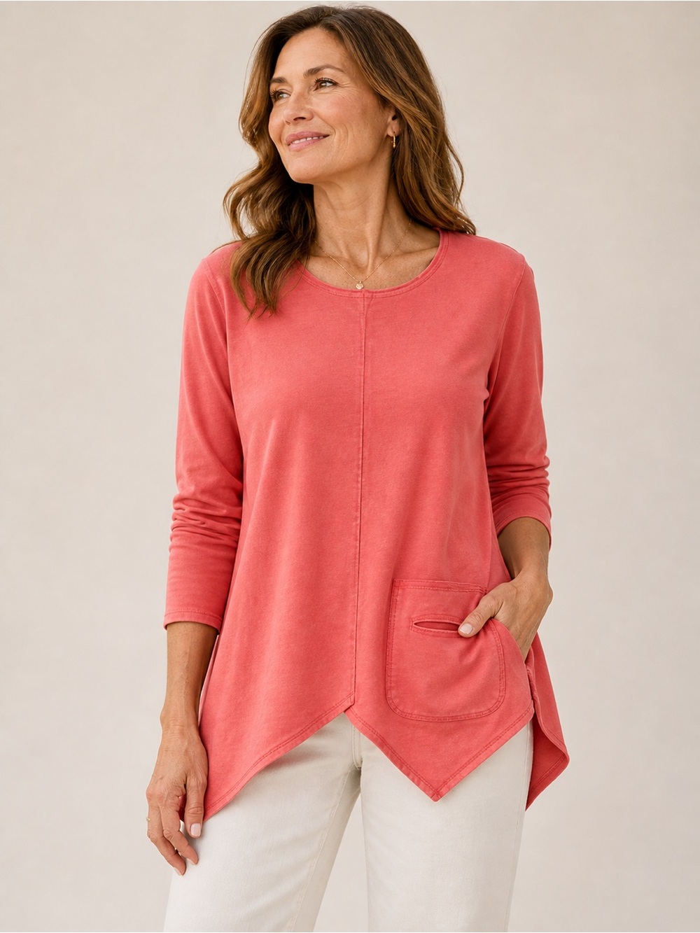 CMC Color Me Cotton Coral Asymmetrical Hem Top USA Artsy Minimal Pocket Detail